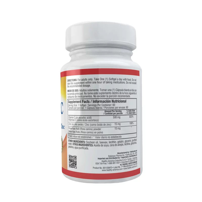 Vitamina C 500 mg con Rose Hips & Zinc - Healthy America - 100 Softgels - Botiqui - Farmacia Homeopática