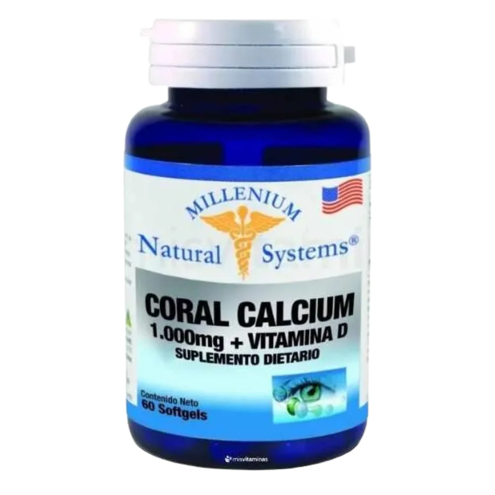 Coral Calcium 1000 mg Vitamina D 60 Softgels Natural Systems