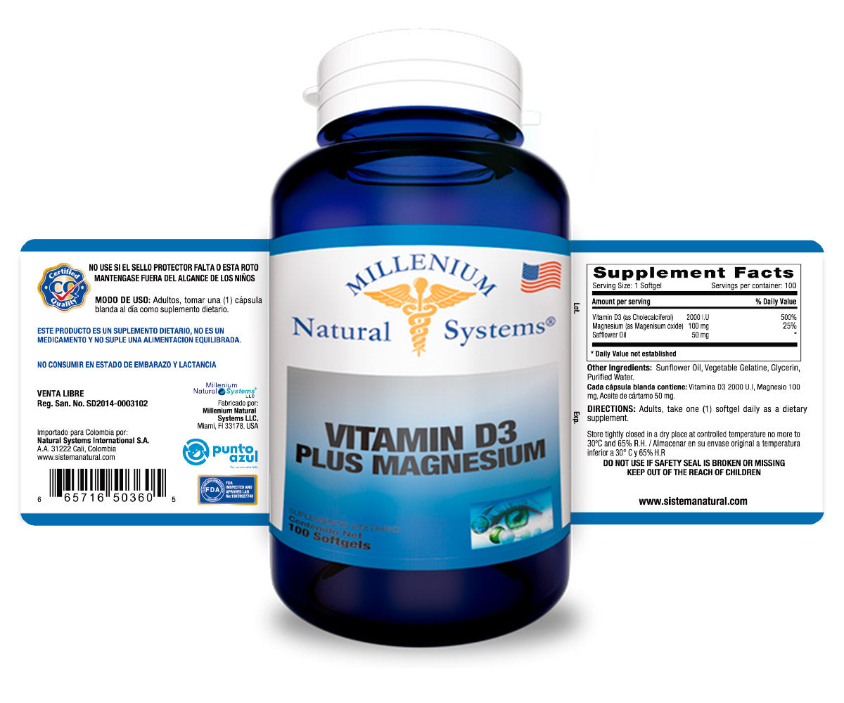 Vitamin D3 Plus 2000 UI Magnesium - Natural Systems - 100 softgels